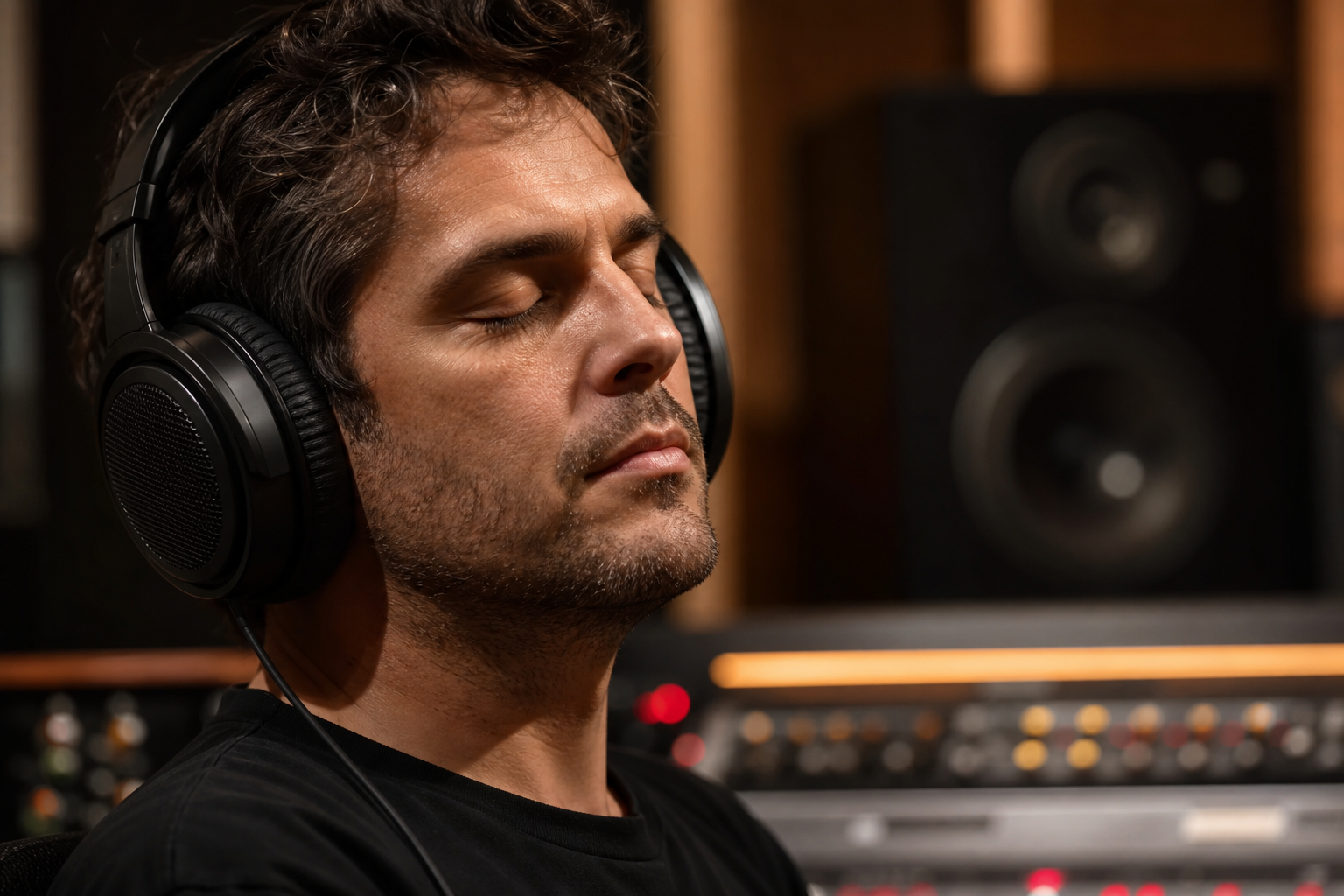 Sound engineer critically listening with headphones during mastering