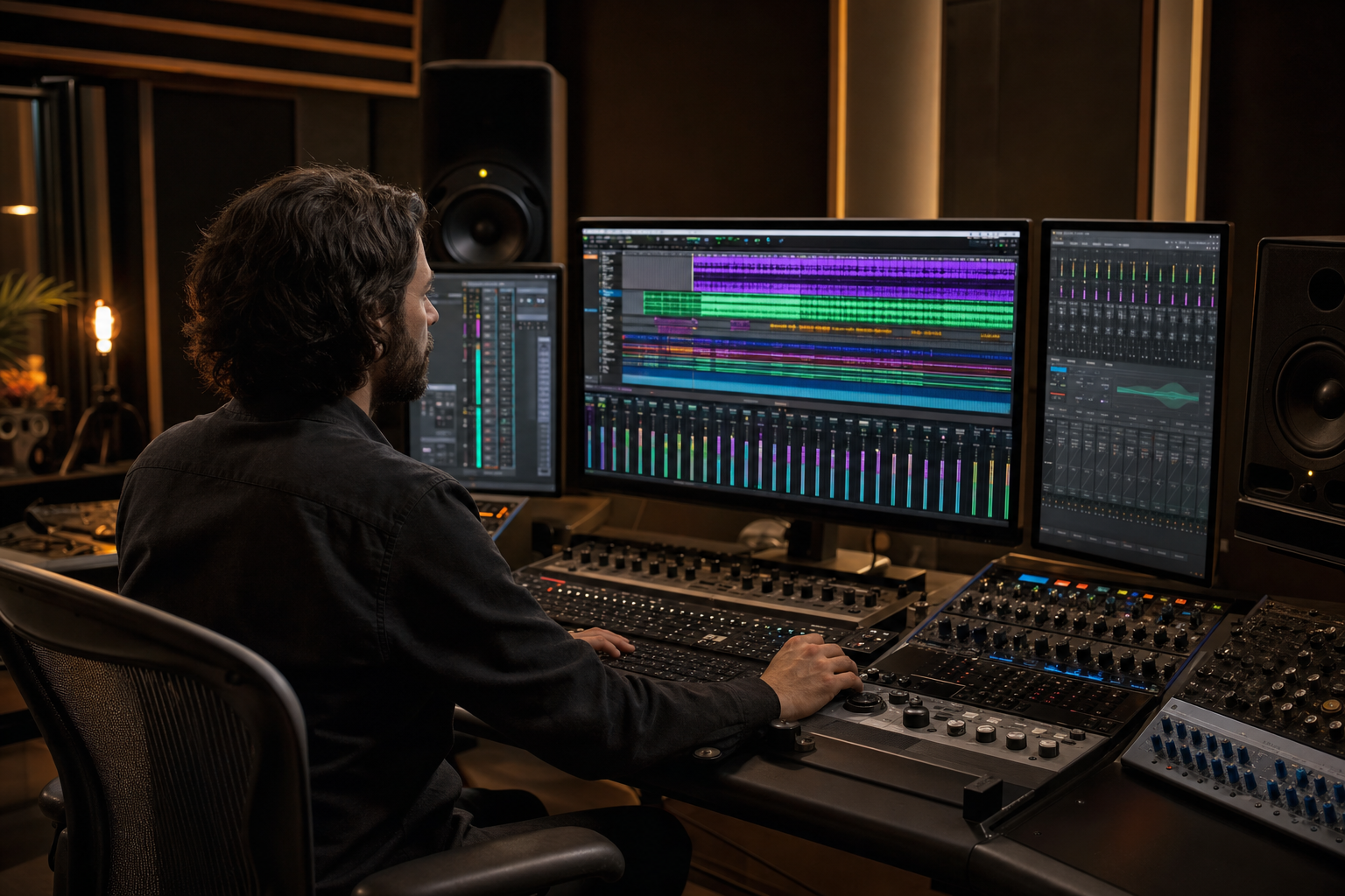 Audio engineer at DAW workstation with colorful waveforms